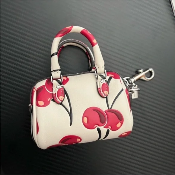 Coach Rowan Cherry Print Mini Bag in White and Red Key Chain - Picture 3 of 6